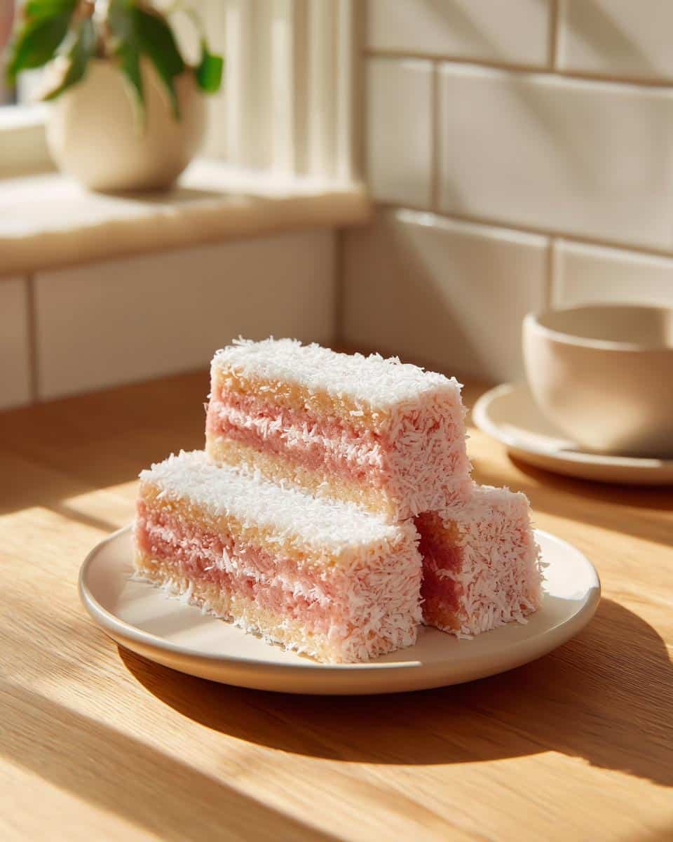 Devastatingly Delicious Pink Coconut Snowball Cake Bars 8 A stack of three Pink Coconut Snowball Cake Bars on a plate, showcasing the pink filling and coconut coating.