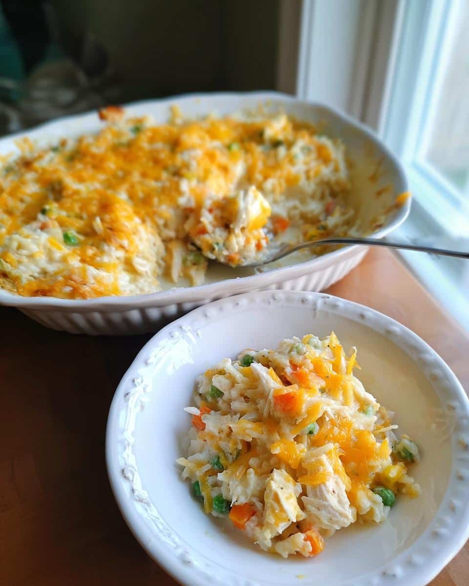 Disgustingly Easy Pioneer Woman Chicken Rice Casserole 8 A serving of Pioneer Woman Chicken Rice Casserole in a white bowl, with the casserole dish in the background.