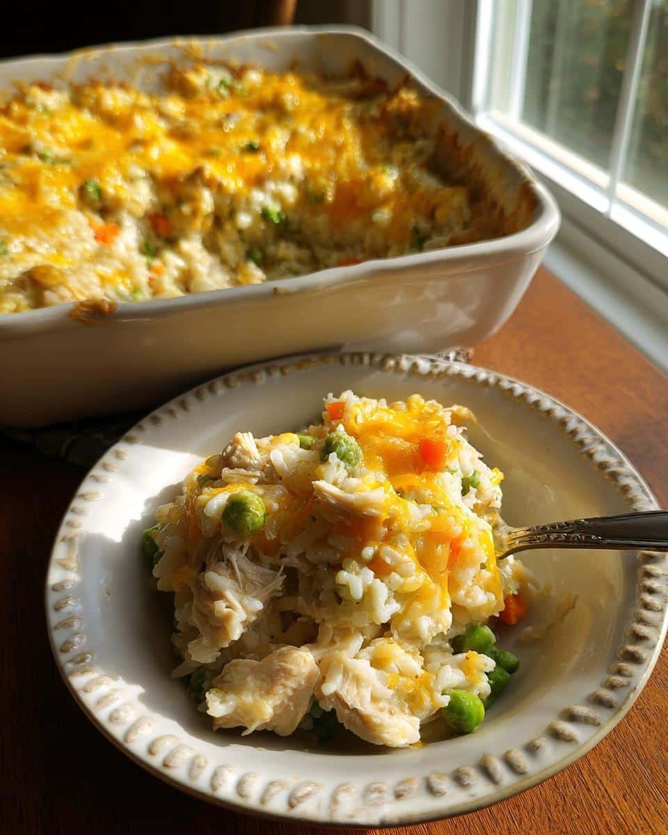 Disgustingly Easy Pioneer Woman Chicken Rice Casserole 7 A serving of Pioneer Woman Chicken Rice Casserole on a plate, with the casserole dish in the background.