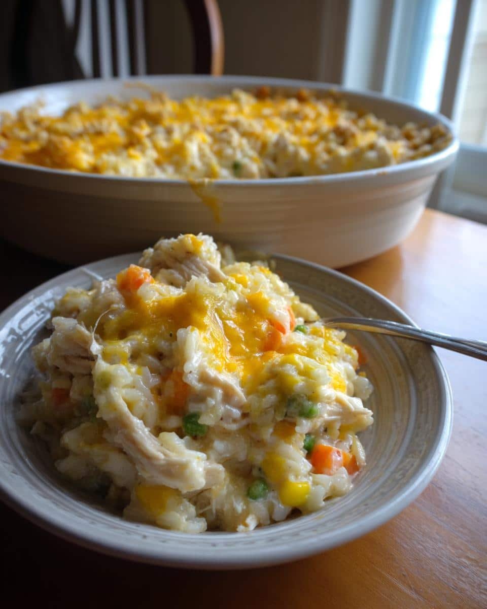 Disgustingly Easy Pioneer Woman Chicken Rice Casserole 9 A serving of Pioneer Woman Chicken Rice Casserole in a bowl, with the casserole dish in the background.