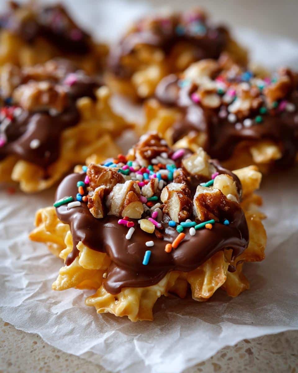 Easy Potato Chip Candy Clusters: 10-Minute Sinful Treat 6 Close-up of Easy Potato Chip Candy Clusters with Nuts & Sprinkles, featuring chocolate, nuts, and colorful sprinkles.