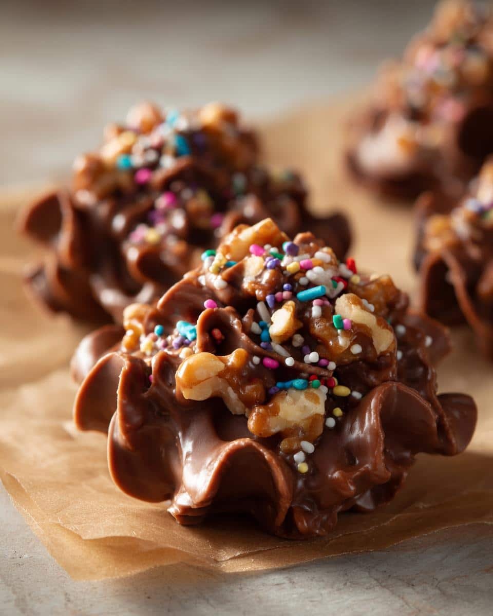 Easy Potato Chip Candy Clusters: 10-Minute Sinful Treat 7 Close-up of Easy Potato Chip Candy Clusters with Nuts & Sprinkles, drizzled in chocolate and topped with nuts and colorful sprinkles.