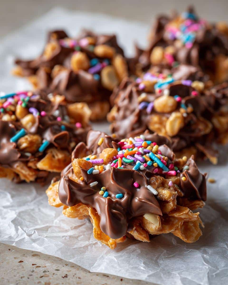Easy Potato Chip Candy Clusters: 10-Minute Sinful Treat 8 Close-up of Easy Potato Chip Candy Clusters with Nuts & Sprinkles, drizzled with chocolate and topped with colorful sprinkles.