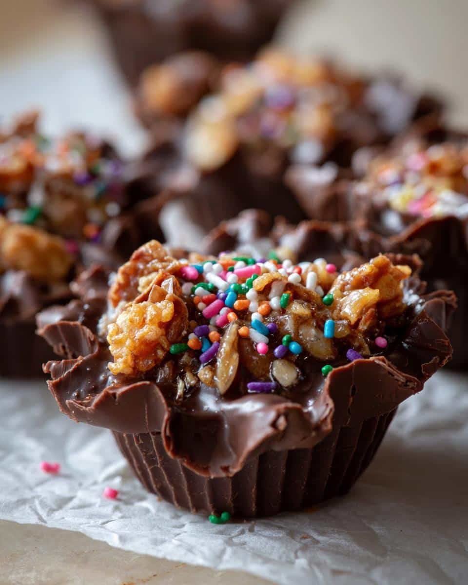 Easy Potato Chip Candy Clusters: 10-Minute Sinful Treat 9 Close-up of an Easy Potato Chip Candy Cluster with Nuts & Sprinkles in a chocolate cup.