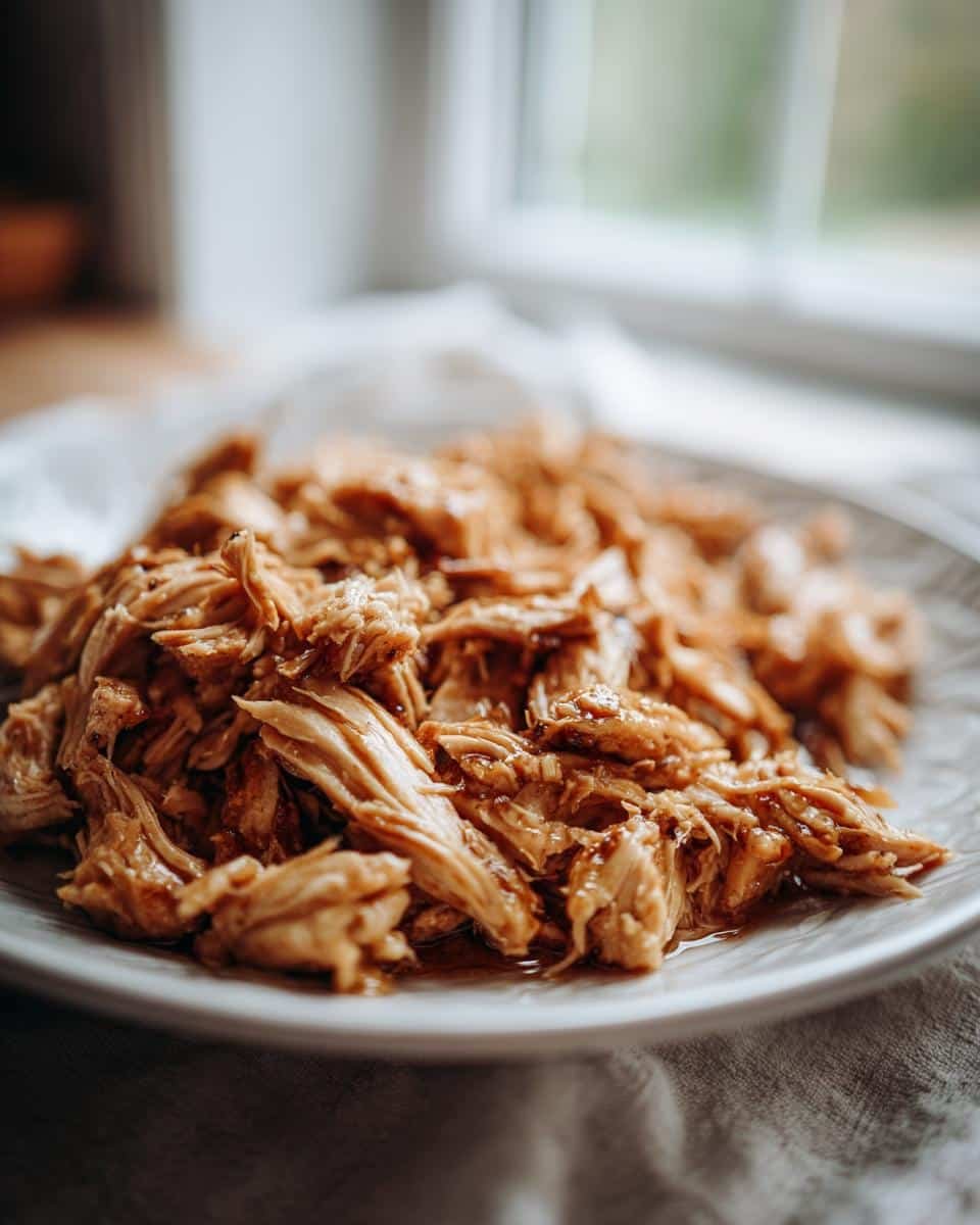 Fail-Proof Easy Vintage Cranberry Noel Dessert Recipe 7 Close-up of pulled chicken on a white plate, relevant to Easy Vintage Cranberry Noel Dessert Recipe.
