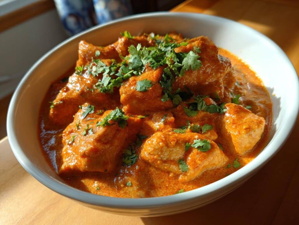 A bowl of Quick & Easy Homemade Butter Chicken garnished with fresh cilantro, ready to serve.