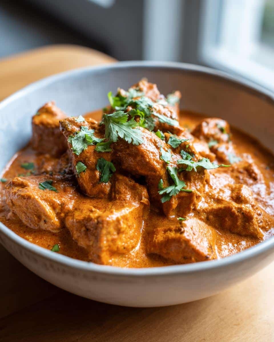 Astonishing Quick & Easy Butter Chicken in Under 1 Hour 6 Bowl of Quick & Easy Homemade Butter Chicken garnished with fresh cilantro, ready to serve.