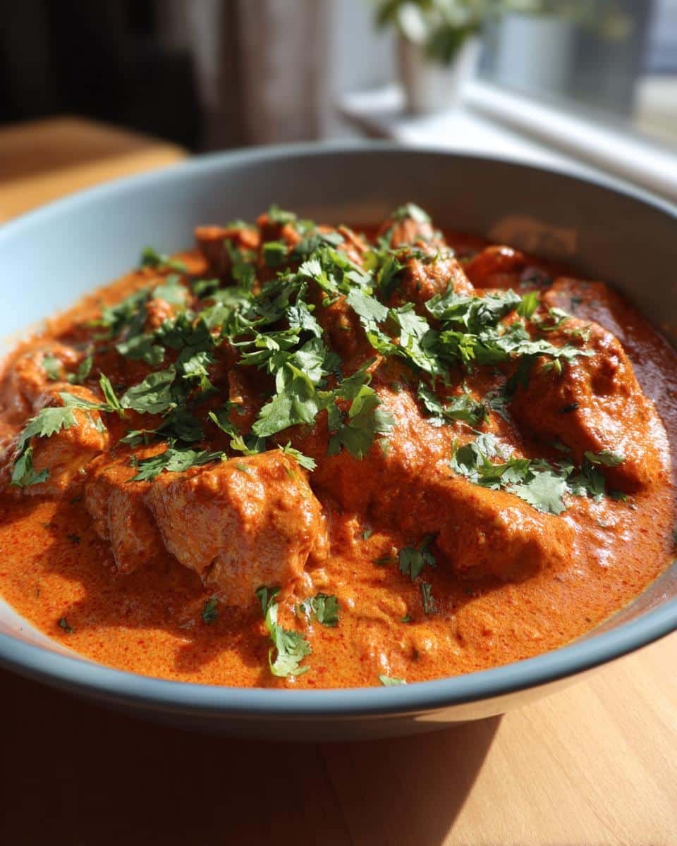 Astonishing Quick & Easy Butter Chicken in Under 1 Hour 7 Close-up of a bowl of Quick & Easy Homemade Butter Chicken, garnished with fresh cilantro.