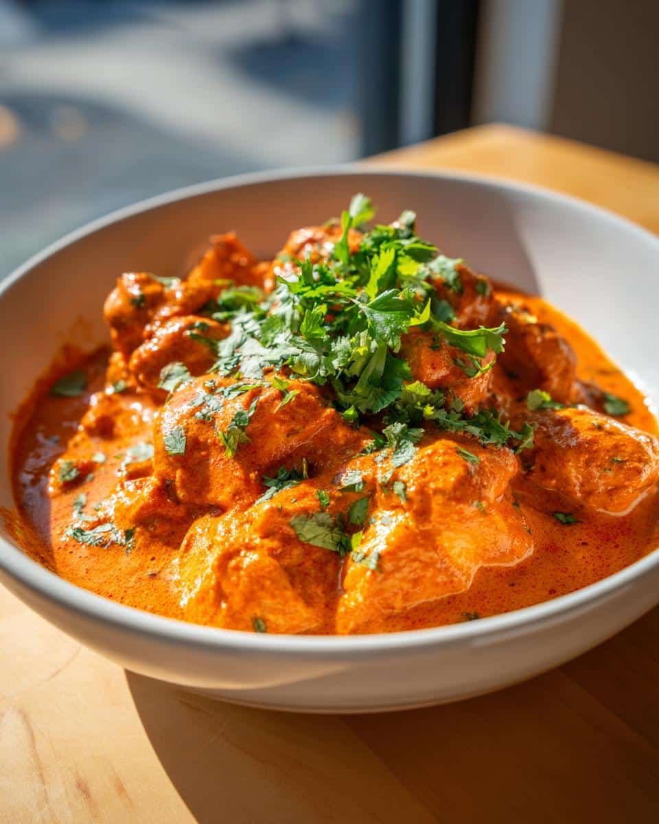 Astonishing Quick & Easy Butter Chicken in Under 1 Hour 8 Bowl of Quick & Easy Homemade Butter Chicken garnished with fresh cilantro, served on a wooden table.