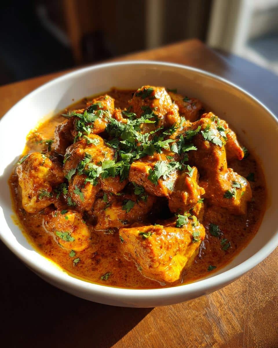 Astonishing Quick & Easy Butter Chicken in Under 1 Hour 9 A bowl of Quick & Easy Homemade Butter Chicken, garnished with fresh cilantro, sits on a wooden surface.