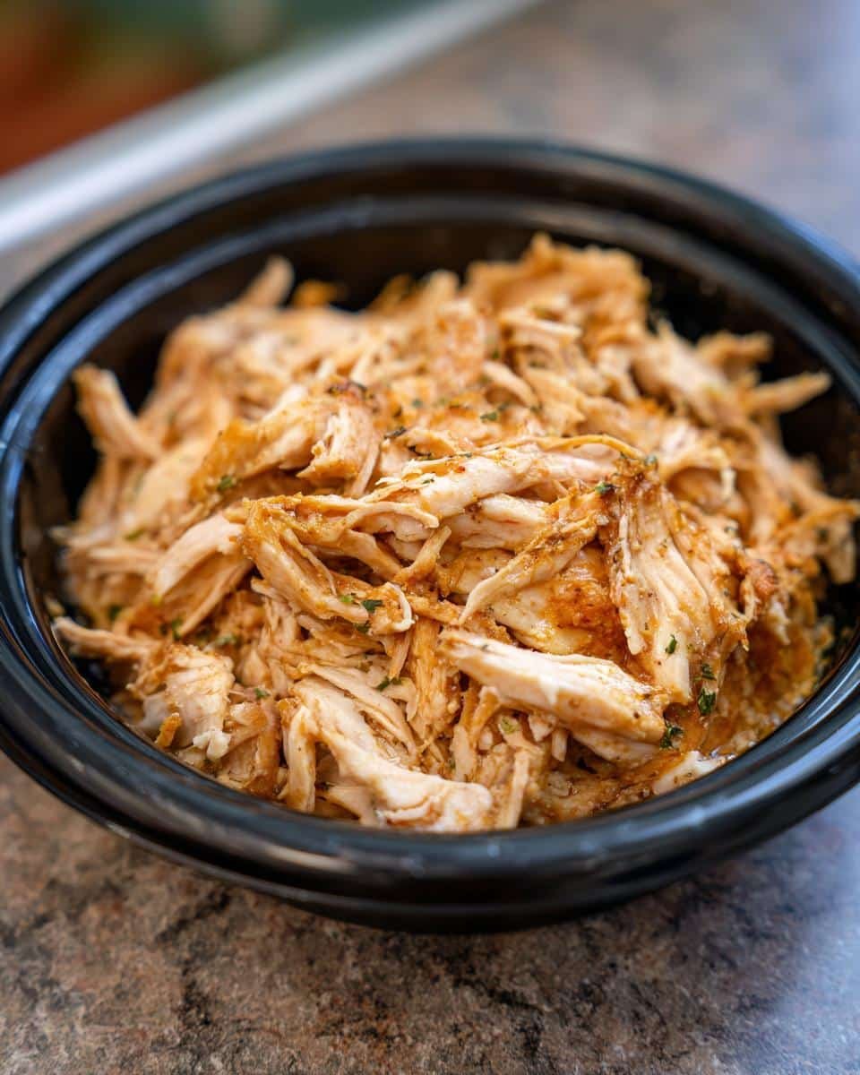 Ranch Chicken Crock Pot: 4-Ingredient Dinner Saves the Day 8 Close-up of shredded Ranch Chicken Crock Pot recipe in a black bowl, ready to serve.