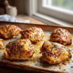 Close-up of baked Ranch Chicken Thighs on a baking sheet, seasoned with herbs and spices.