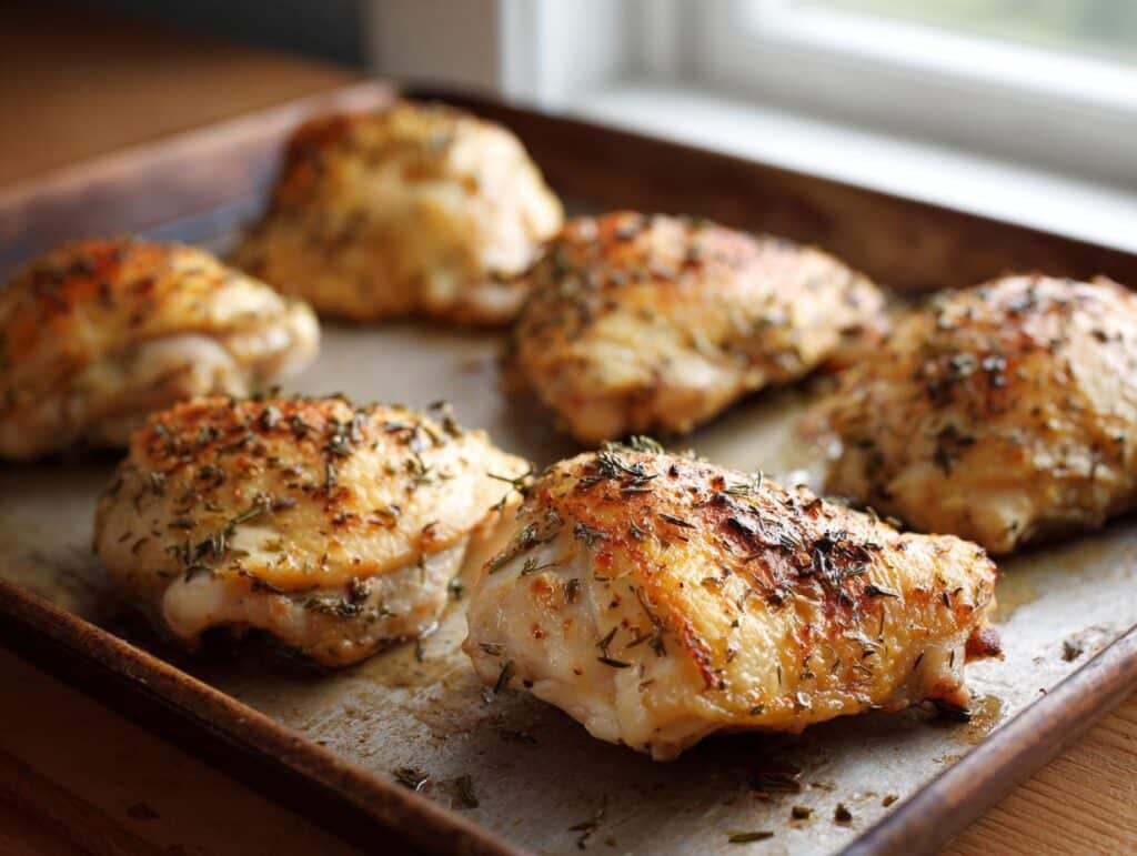 Six baked Ranch Chicken Thighs on a metal baking sheet, seasoned with herbs, ready to eat.