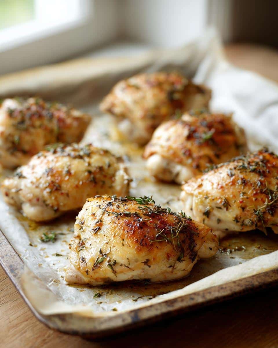 Easy Ranch Chicken Thighs: Only 6 Ingredients Needed 6 Close-up of baked Ranch Chicken Thighs on a parchment-lined baking sheet, seasoned with herbs.
