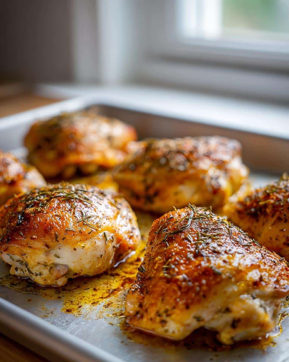 Easy Ranch Chicken Thighs: Only 6 Ingredients Needed 8 Close-up of baked Ranch Chicken Thighs on a baking sheet, seasoned with herbs and spices.