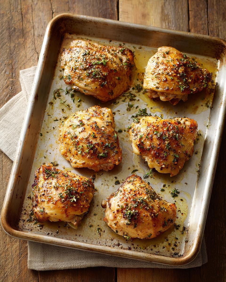 Easy Ranch Chicken Thighs: Only 6 Ingredients Needed 9 Overhead view of baked Ranch Chicken Thighs seasoned with herbs on a baking sheet.