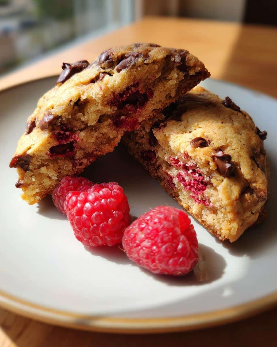 Bake Amazing Decadent Soft-Baked Raspberry Cookie In 60 Mins 8 A halved Decadent Soft-Baked Raspberry Chocolate Chip Cookie with fresh raspberries on a plate.