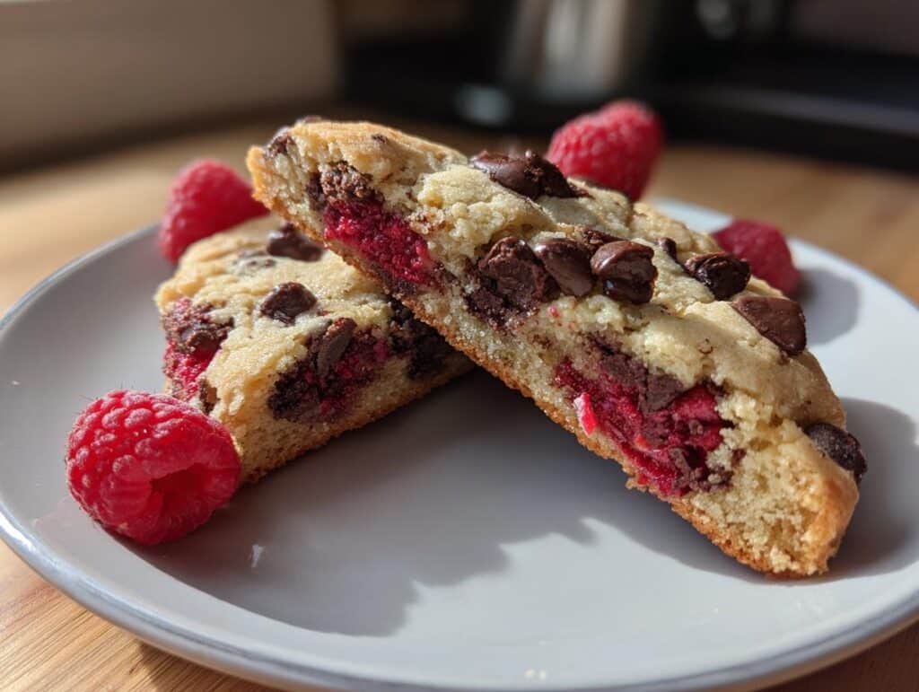 Two halves of a decadent soft-baked raspberry chocolate chip cookie on a plate, garnished with fresh raspberries.
