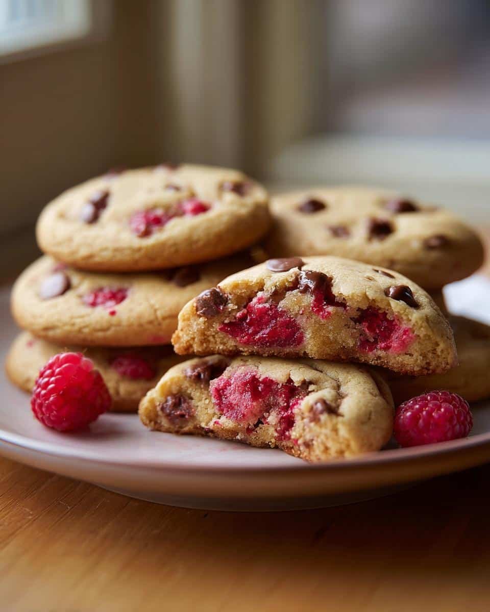 Bake Amazing Decadent Soft-Baked Raspberry Cookie In 60 Mins 9 A stack of Decadent Soft-Baked Raspberry Chocolate Chip Cookies on a plate with fresh raspberries.