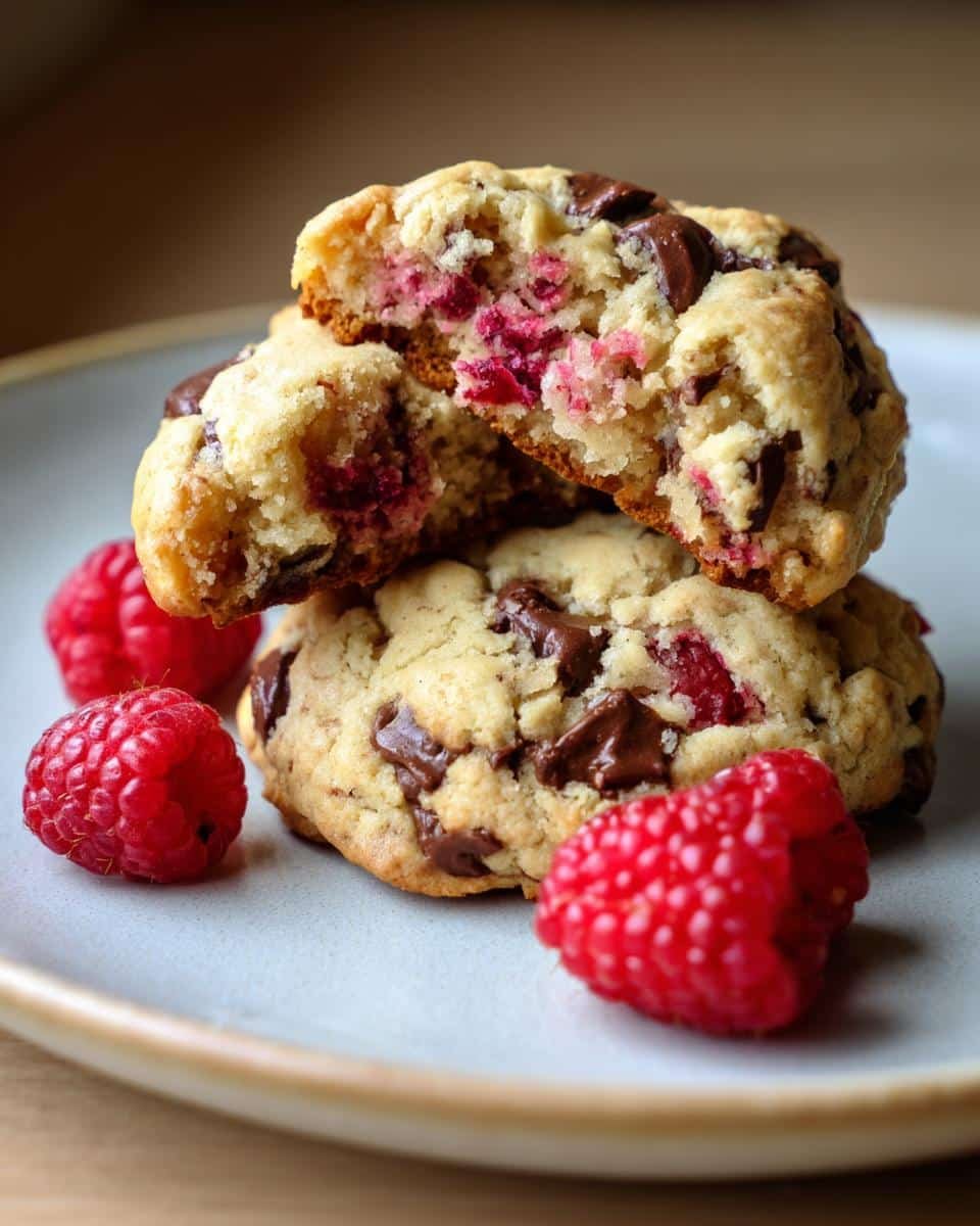 Bake Amazing Decadent Soft-Baked Raspberry Cookie In 60 Mins 6 Stack of Decadent Soft-Baked Raspberry Chocolate Chip Cookies with fresh raspberries on a plate.
