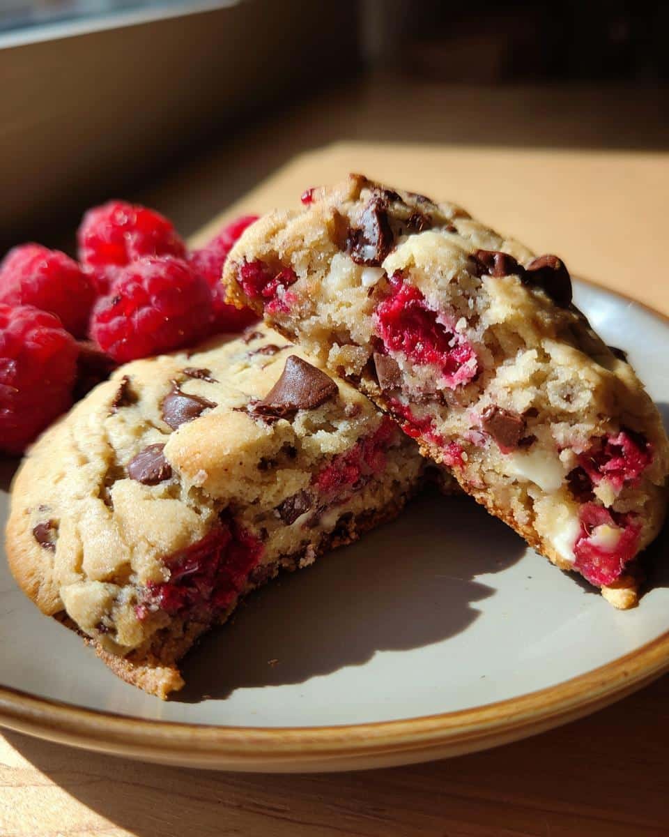 Bake Amazing Decadent Soft-Baked Raspberry Cookie In 60 Mins 7 A halved Decadent Soft-Baked Raspberry Chocolate Chip Cookie on a plate with fresh raspberries.