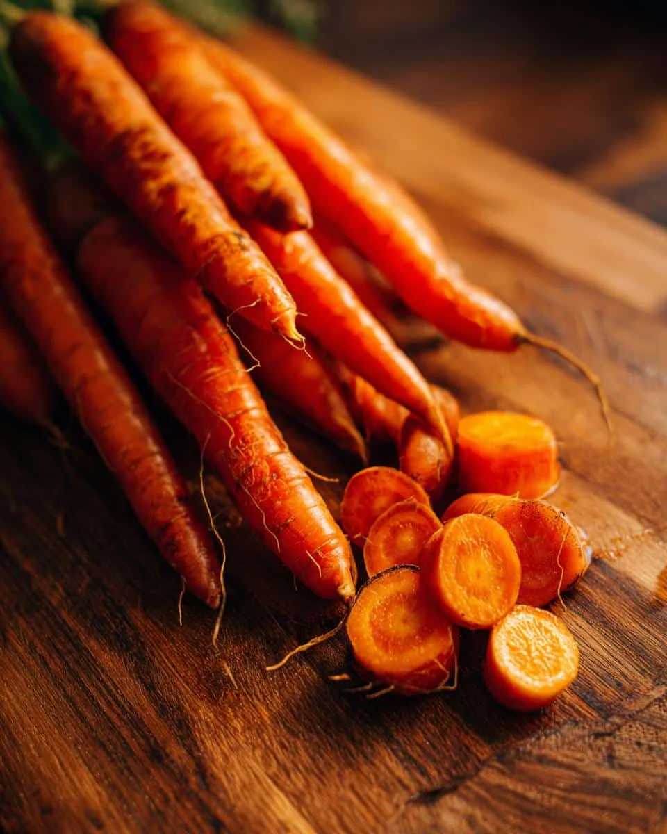 Raw Carrot Salad: Grandma's Unforgettable 4-Cup Recipe 8 Close-up of fresh whole and sliced carrots on a wooden board, ready for making Raw Carrot Salad.