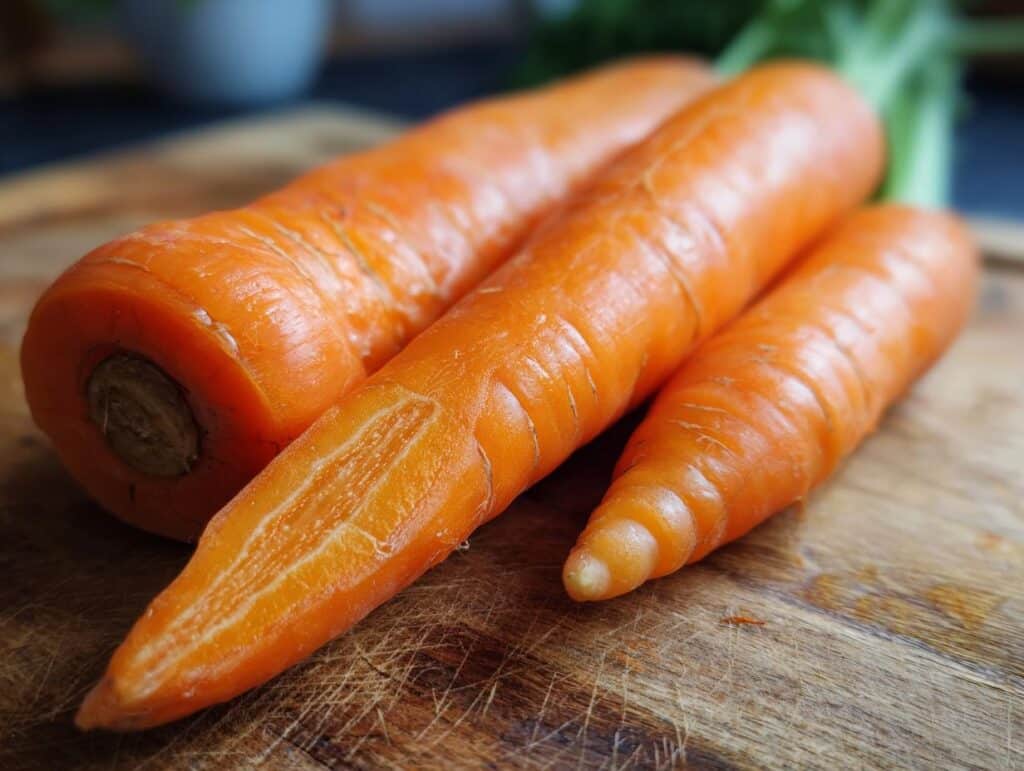 Three raw carrots on a wooden cutting board, ready to be used in a Raw Carrot Salad recipe.