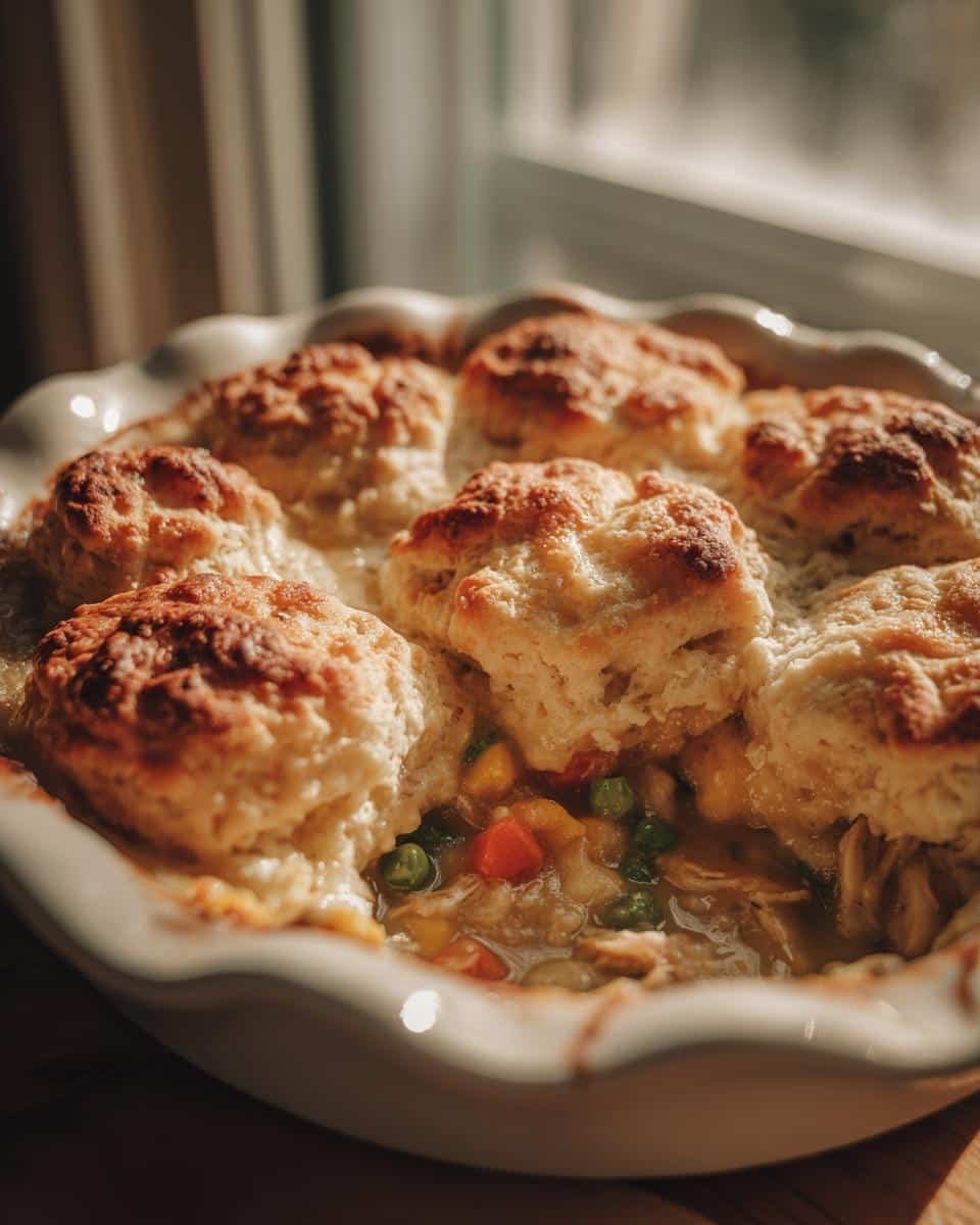 Delicious Red Lobster Biscuit Chicken Pot Pie Tonight 6 Close-up of Red Lobster Biscuit Chicken Pot Pie in a white dish, showing flaky biscuits and creamy filling.