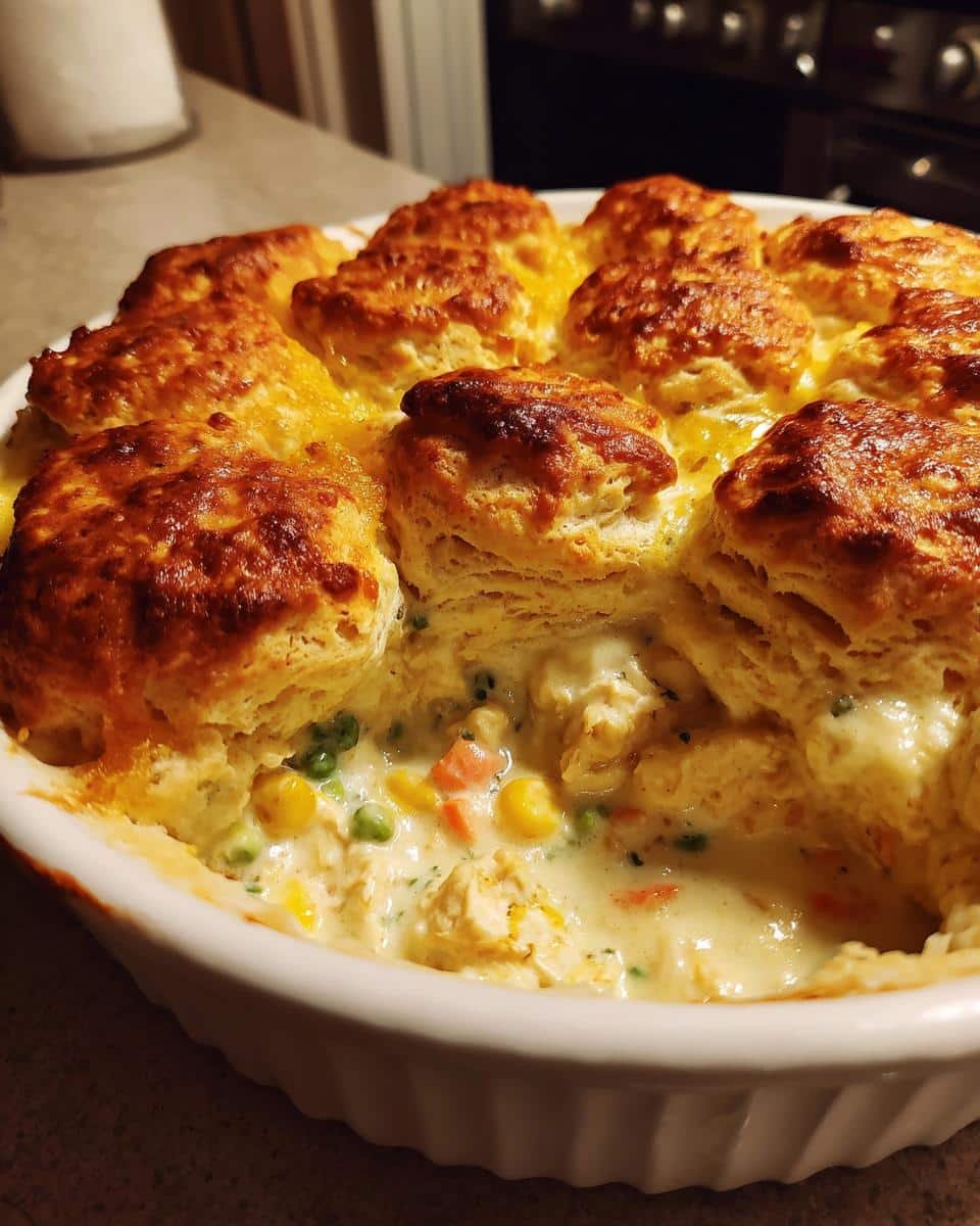 Delicious Red Lobster Biscuit Chicken Pot Pie Tonight 9 A delicious Red Lobster Biscuit Chicken Pot Pie in a white dish, featuring golden biscuits and creamy filling.