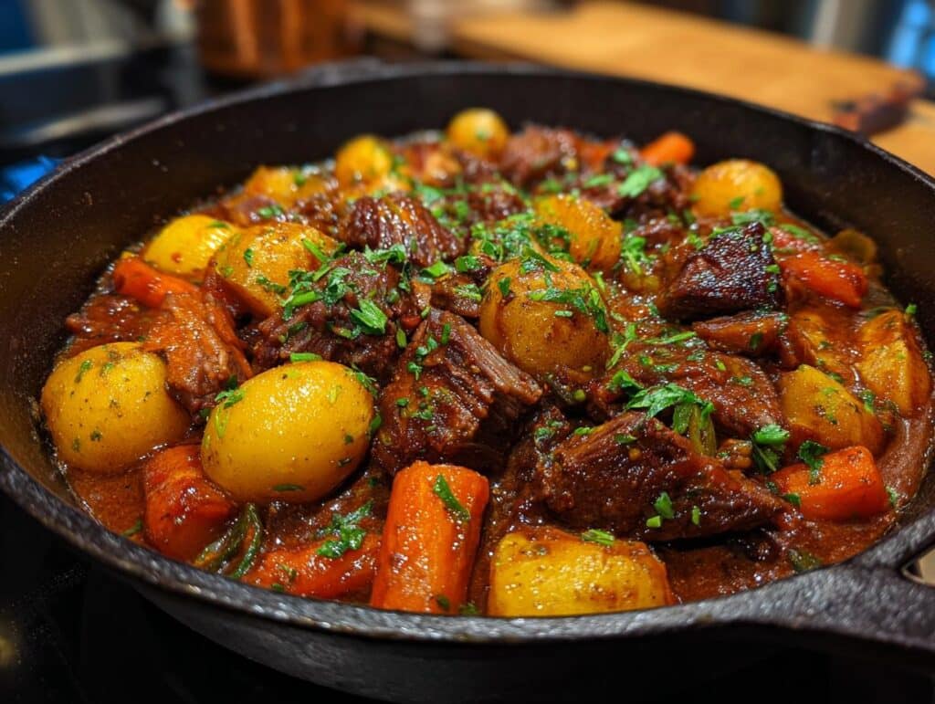 Close-up of Red Wine-Braised Beef Stew with Potatoes and Carrots in a cast iron skillet, garnished with fresh parsley.