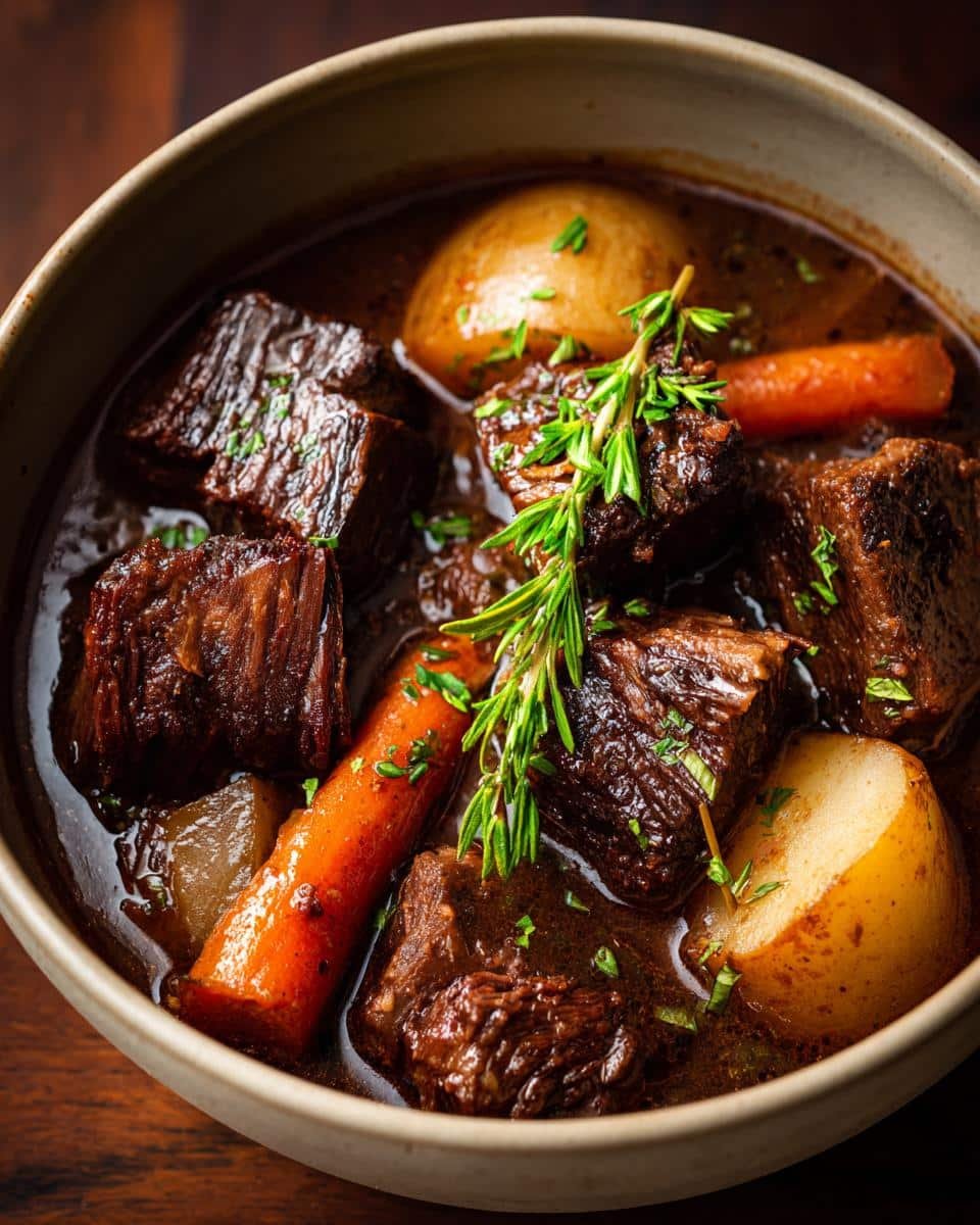Devastatingly Delicious Red Wine-Braised Beef Stew: 3 Hours 9 Close-up of Red Wine-Braised Beef Stew with Potatoes and Carrots in a bowl, garnished with herbs.