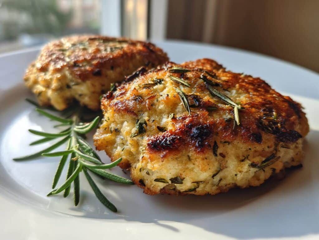 Two golden Rosemary Lemon Chicken Patties on a white plate, garnished with fresh rosemary sprigs.