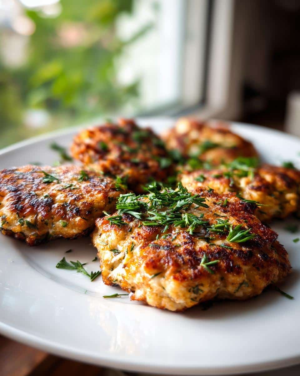 Rosemary Lemon Chicken Patties: Ditch Dreadful Dinners 8 Close-up of Rosemary Lemon Chicken Patties on a white plate, garnished with fresh herbs.