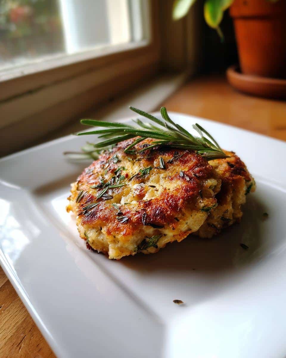 Rosemary Lemon Chicken Patties: Ditch Dreadful Dinners 9 Two Rosemary Lemon Chicken Patties stacked on a white plate, garnished with fresh rosemary sprigs.