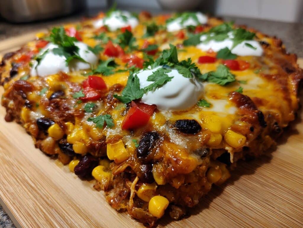 A close-up of Santa Fe Chicken bake with corn, beans, cheese, sour cream, and cilantro.