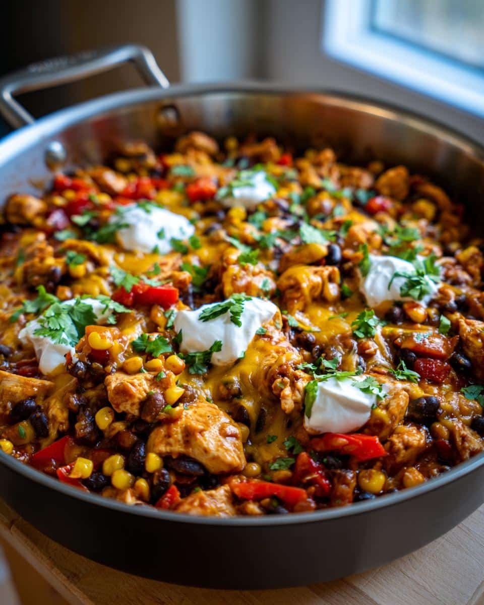 Santa Fe Chicken: Delicious in Just 20 Minutes 7 A skillet filled with Santa Fe Chicken, featuring chicken, corn, black beans, peppers, cheese, and sour cream.