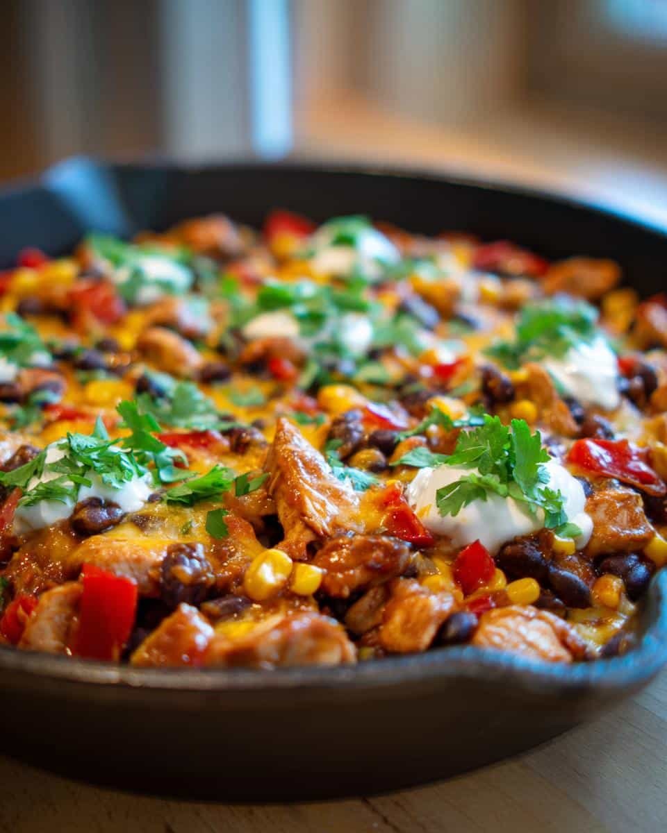 Santa Fe Chicken: Delicious in Just 20 Minutes 8 A close-up of Santa Fe Chicken in a skillet, featuring chicken, black beans, corn, peppers, cheese, and cilantro.