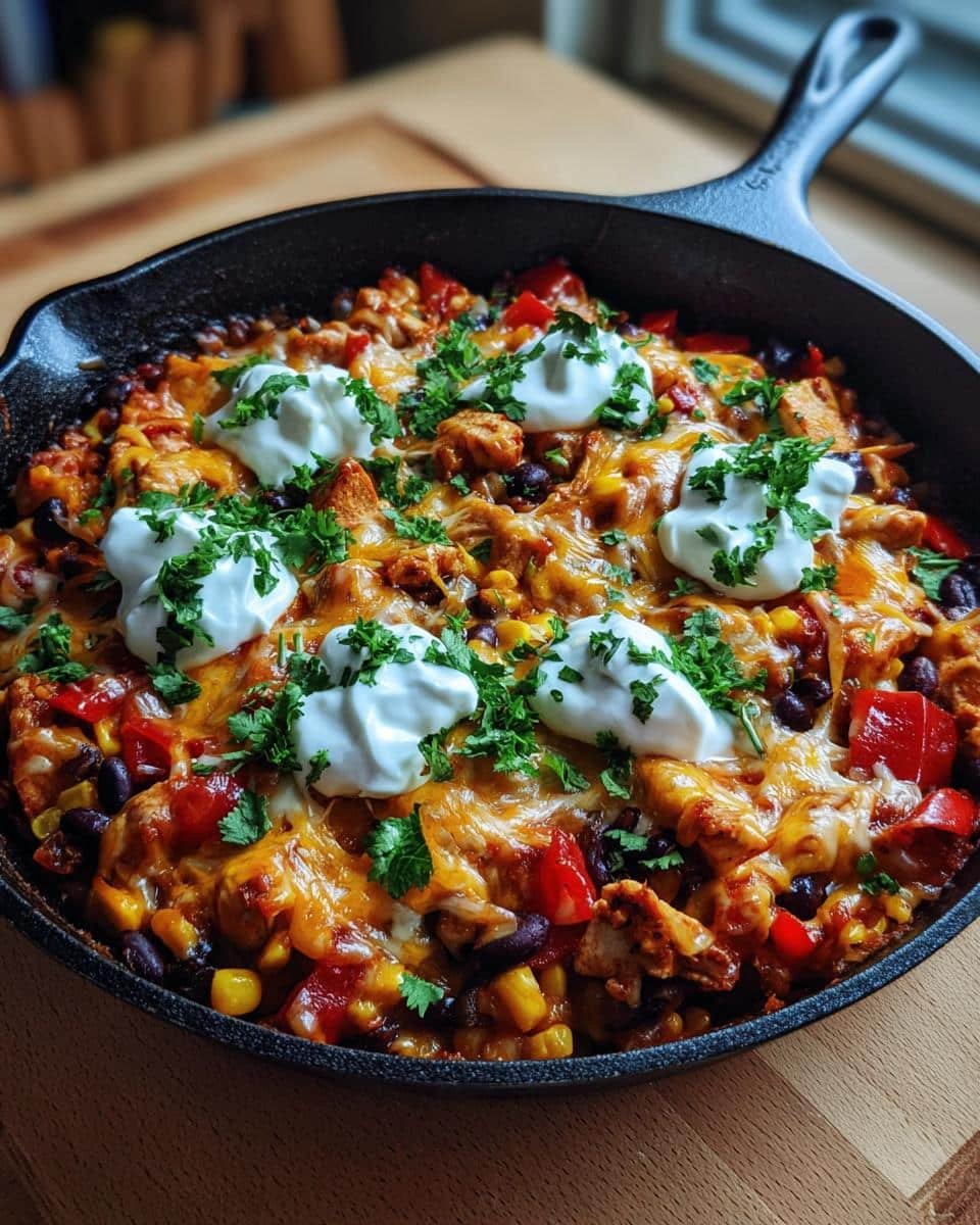 Santa Fe Chicken: Delicious in Just 20 Minutes 9 Santa Fe Chicken in a skillet, topped with melted cheese, sour cream, and fresh parsley.