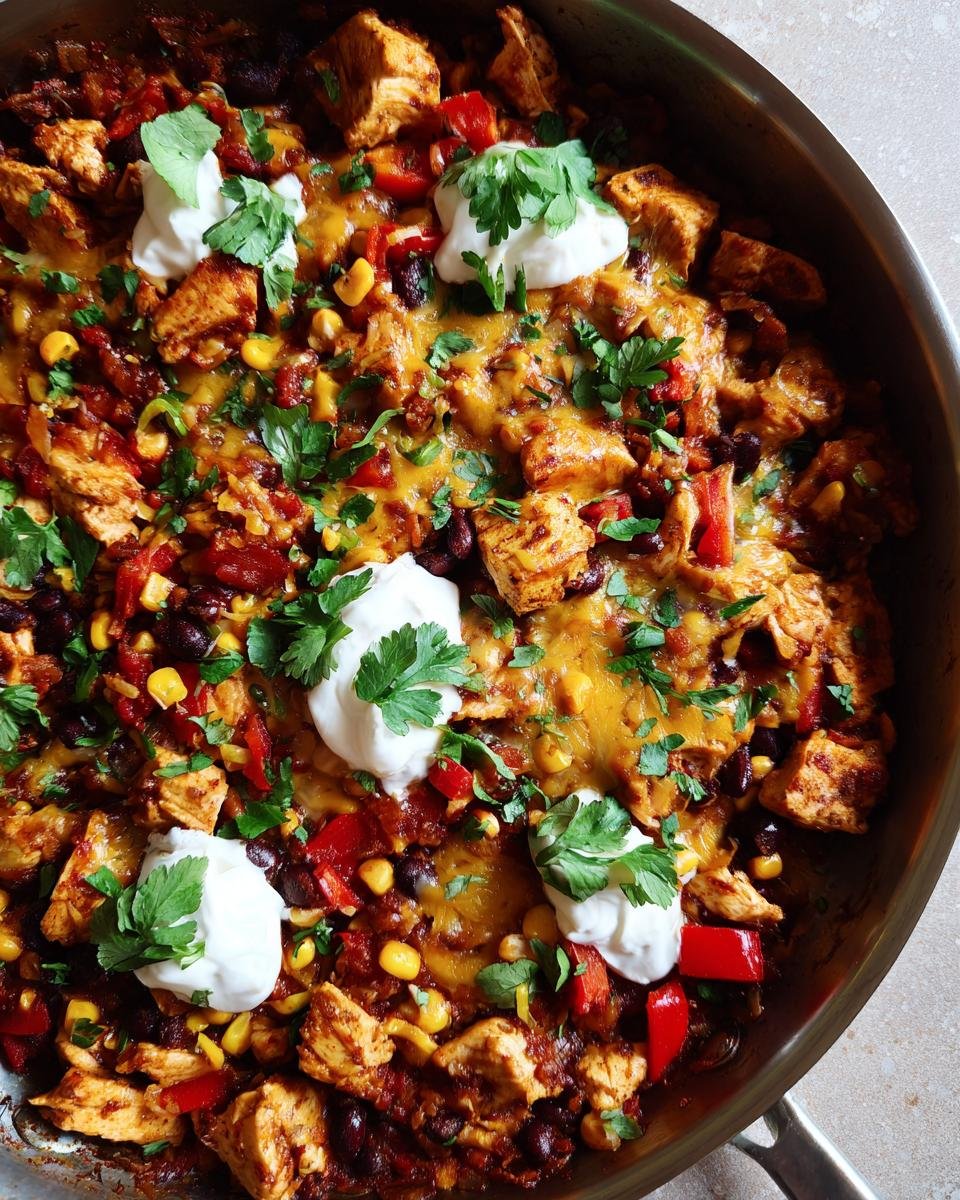 Santa Fe Chicken: Delicious in Just 20 Minutes 6 Overhead view of Santa Fe Chicken in a skillet, topped with cheese, sour cream, and fresh parsley.