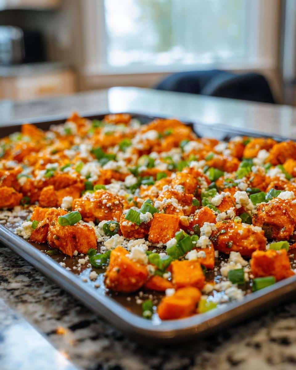 Savory Sheet Pan Buffalo Chicken Sweet Potato in 35 Min 6 Close-up of Sheet Pan Buffalo Chicken Sweet Potato with blue cheese and green onions.