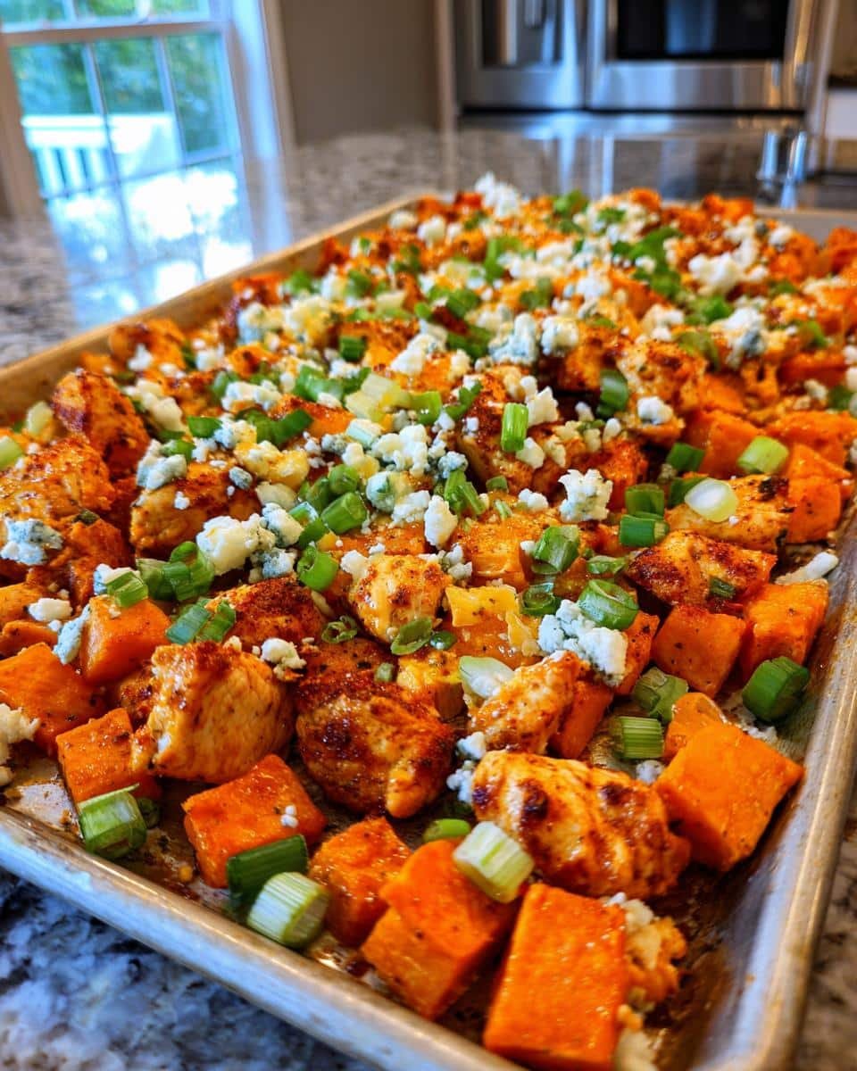 Savory Sheet Pan Buffalo Chicken Sweet Potato in 35 Min 8 Overhead view of Sheet Pan Buffalo Chicken Sweet Potato with blue cheese and green onions.