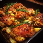 Golden Sheet Pan Maple Mustard Roasted Chicken thighs with onions and rosemary.