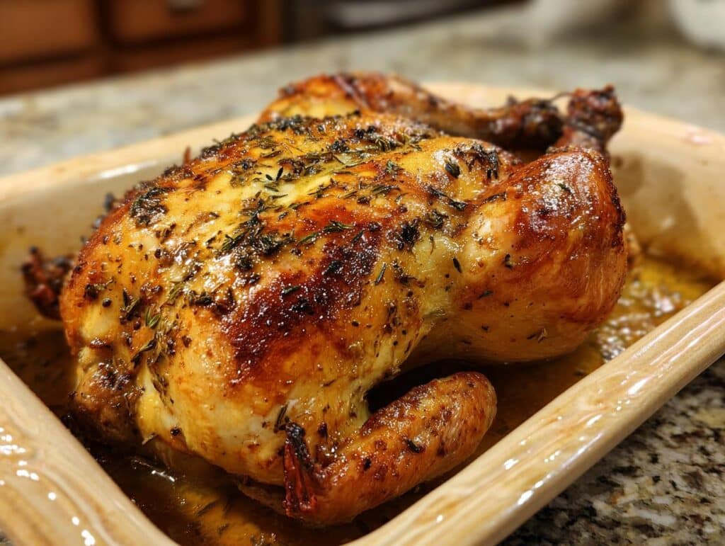 Golden Sheet Pan Maple Mustard Roasted Chicken in a baking dish, garnished with herbs.
