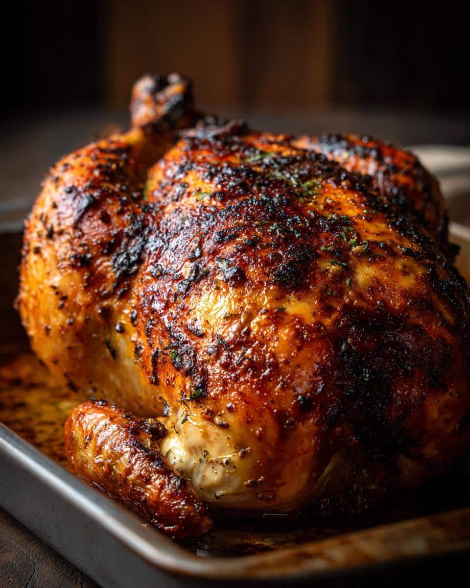 Sheet Pan Maple Mustard Roasted Chicken: 1-Pan Bliss 7 Whole Sheet Pan Maple Mustard Roasted Chicken with crispy skin on a baking sheet.