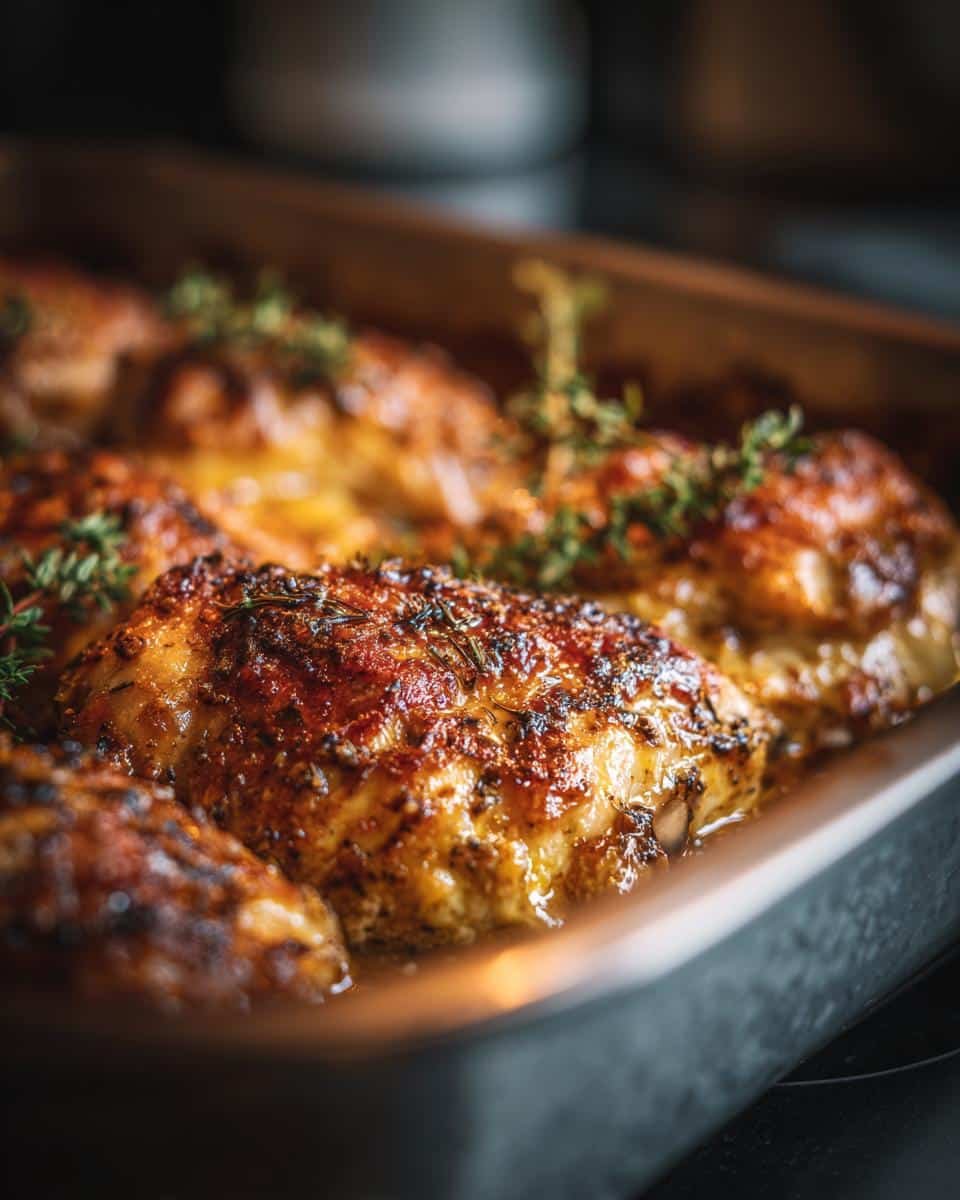 Sheet Pan Maple Mustard Roasted Chicken: 1-Pan Bliss 8 Close-up of Sheet Pan Maple Mustard Roasted Chicken in a pan, garnished with thyme.
