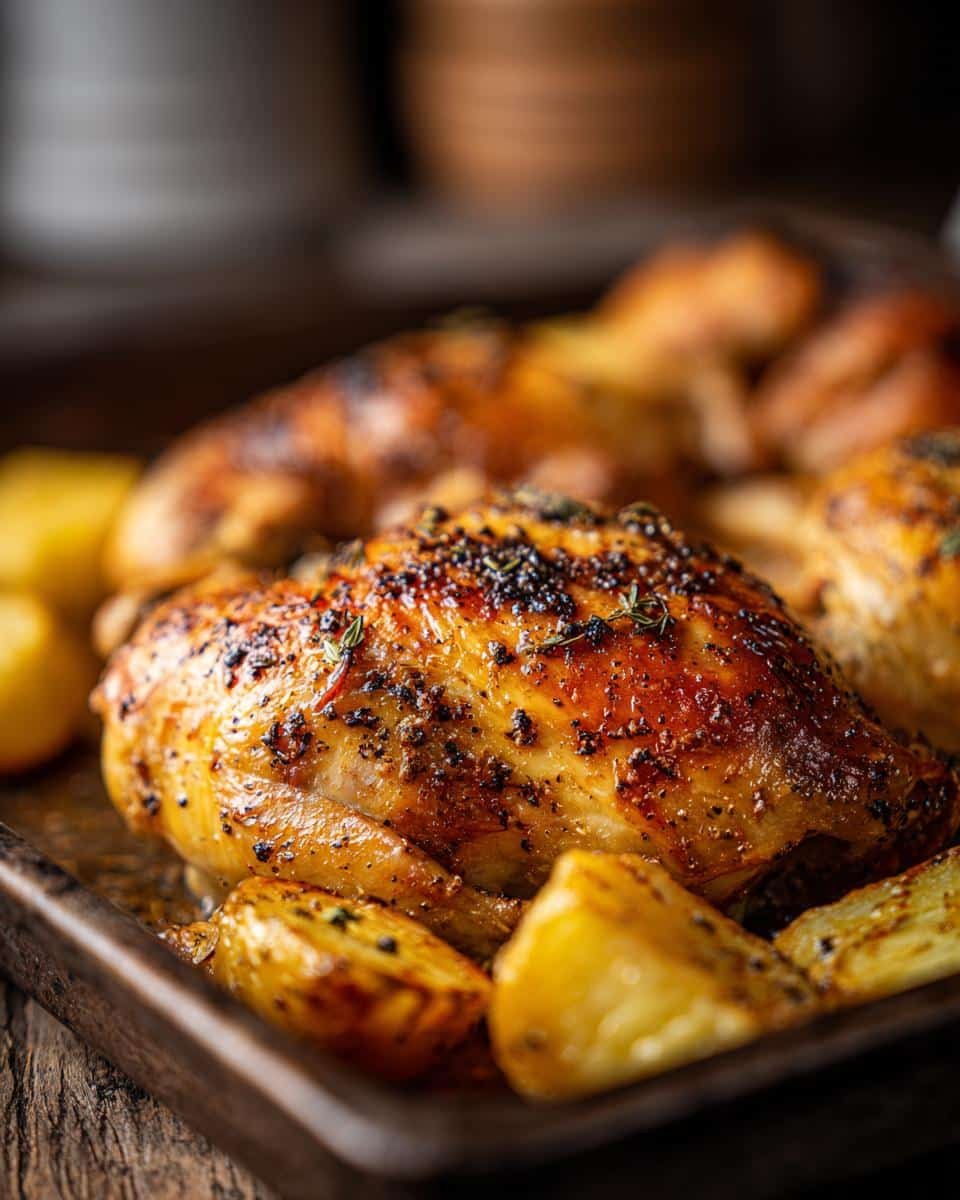 Sheet Pan Maple Mustard Roasted Chicken: 1-Pan Bliss 9 Close-up of Sheet Pan Maple Mustard Roasted Chicken with potatoes on a wooden sheet pan.