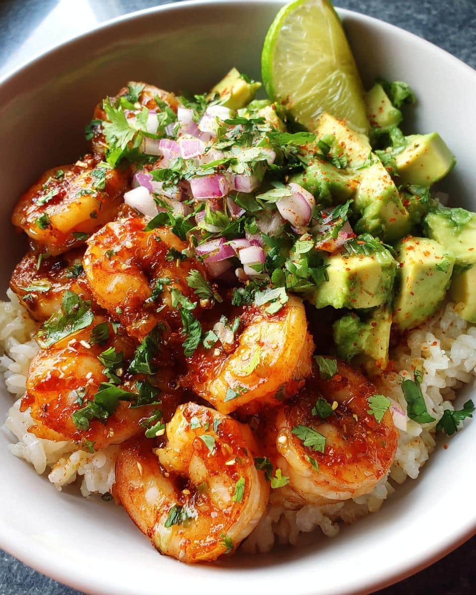 Devour Delicious Shrimp and Avocado Bowls in 20 Minutes 7 A vibrant Shrimp and Avocado Bowl with rice, lime, red onion, and cilantro.