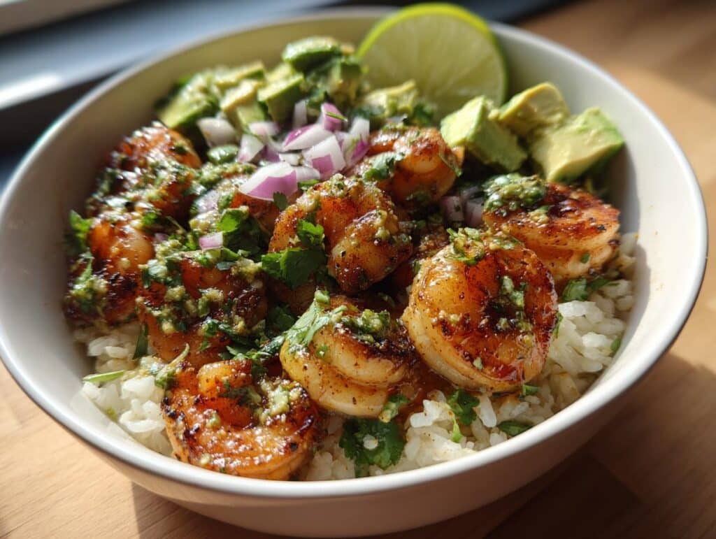 A vibrant Shrimp and Avocado Bowls with rice, shrimp, avocado, red onion, cilantro, and a lime wedge.