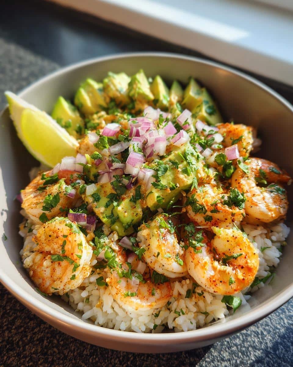 Devour Delicious Shrimp and Avocado Bowls in 20 Minutes 8 A vibrant Shrimp and Avocado Bowl with rice, shrimp, avocado, red onion, cilantro, and a lime wedge.
