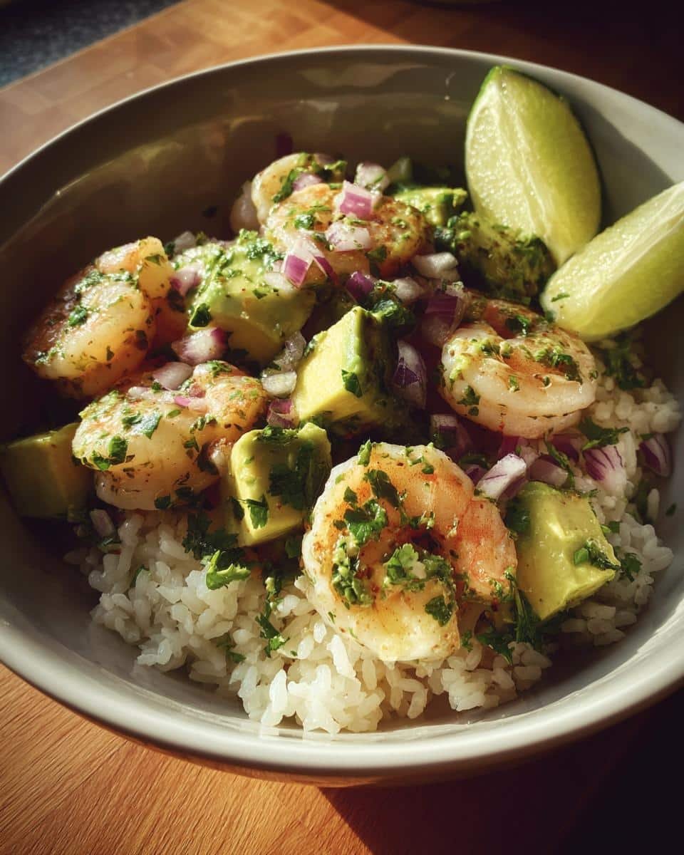 Devour Delicious Shrimp and Avocado Bowls in 20 Minutes 6 A vibrant Shrimp and Avocado Bowls featuring seasoned shrimp, avocado, rice, red onion, and lime wedges.